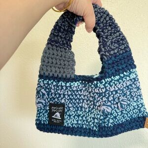 Blue and Gray Knitted Hobo Bag with Curved Handle
